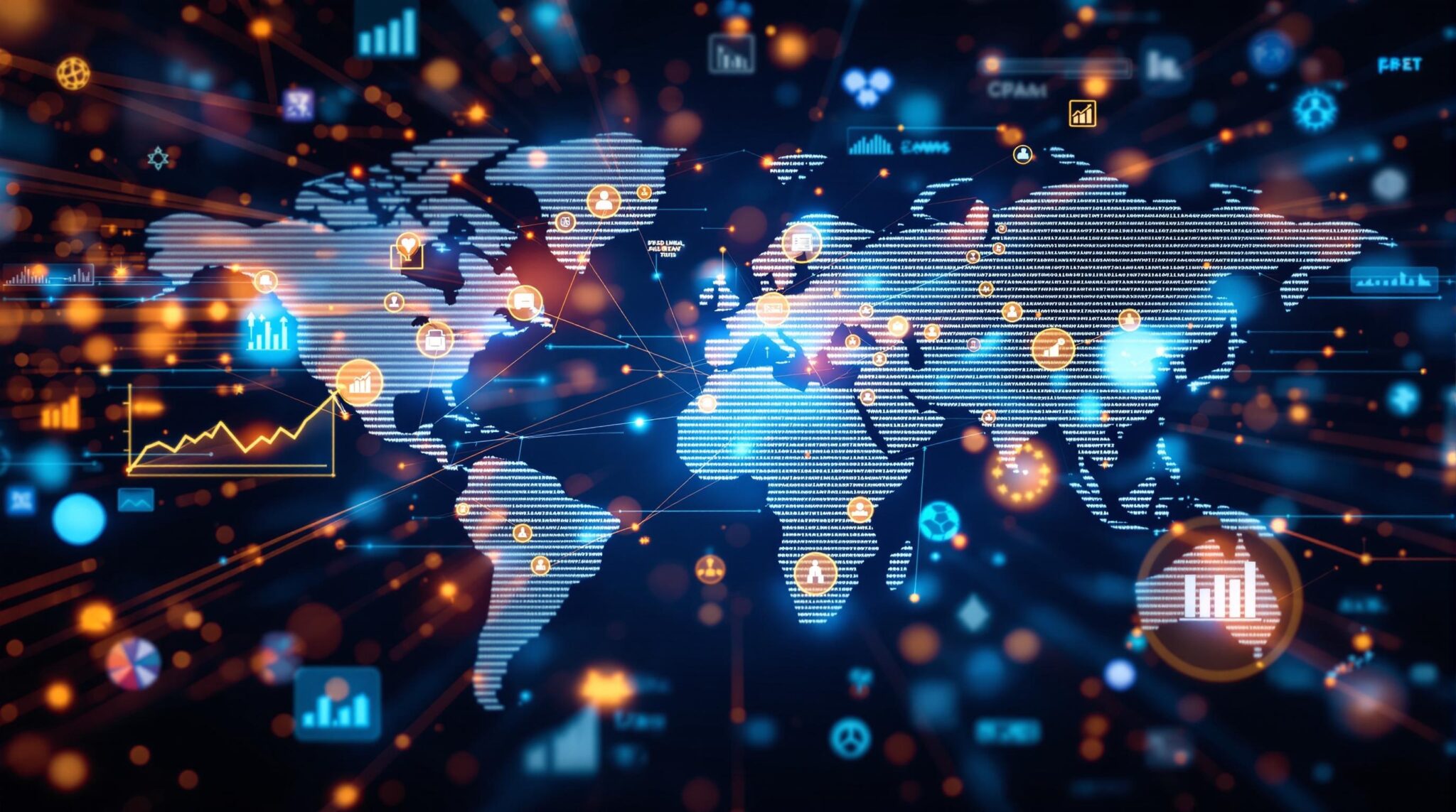 Digital world map with data visualization icons.