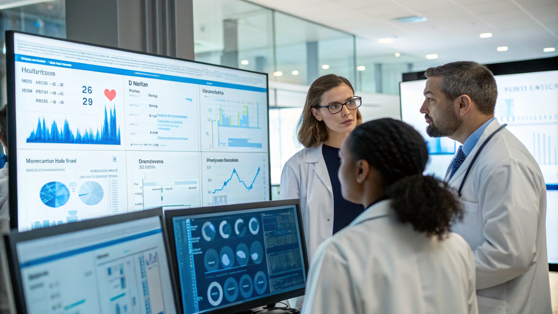 Doctors analyzing medical data on screens.