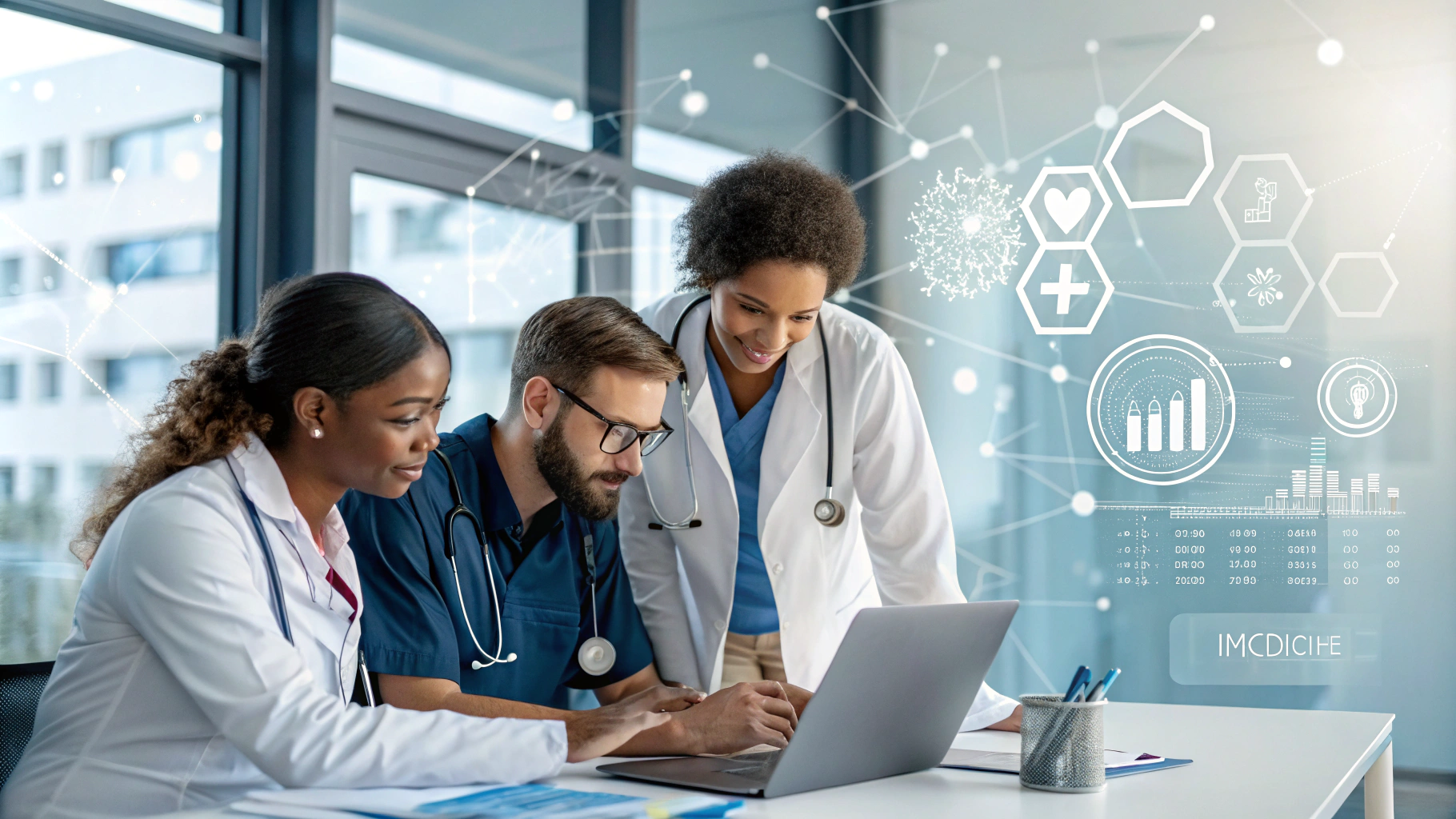 Doctors collaborating on healthcare technology project.